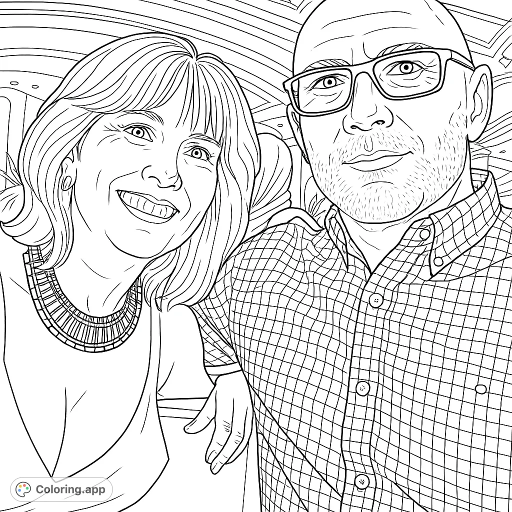 A heartwarming couple portrait, perfect for personalizing. Features a smiling woman with a distinct necklace and a man in patterned attire. Ideal for adults.