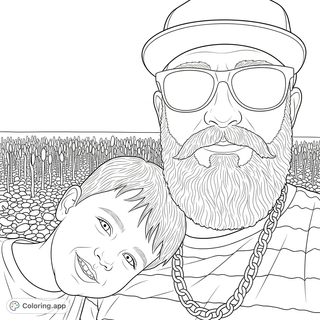 A heartwarming close-up of a bearded adult in sunglasses and a cap, embracing a smiling child against a backdrop of tall plants and pebbles.