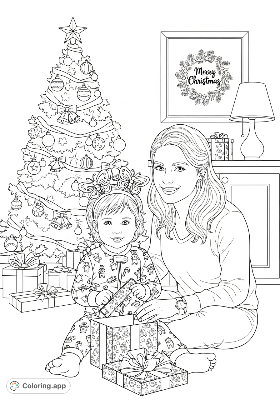 A heartwarming holiday scene with a woman and child opening a gift by a heavily adorned tree, surrounded by presents and festive decorations. Embrace the joy!