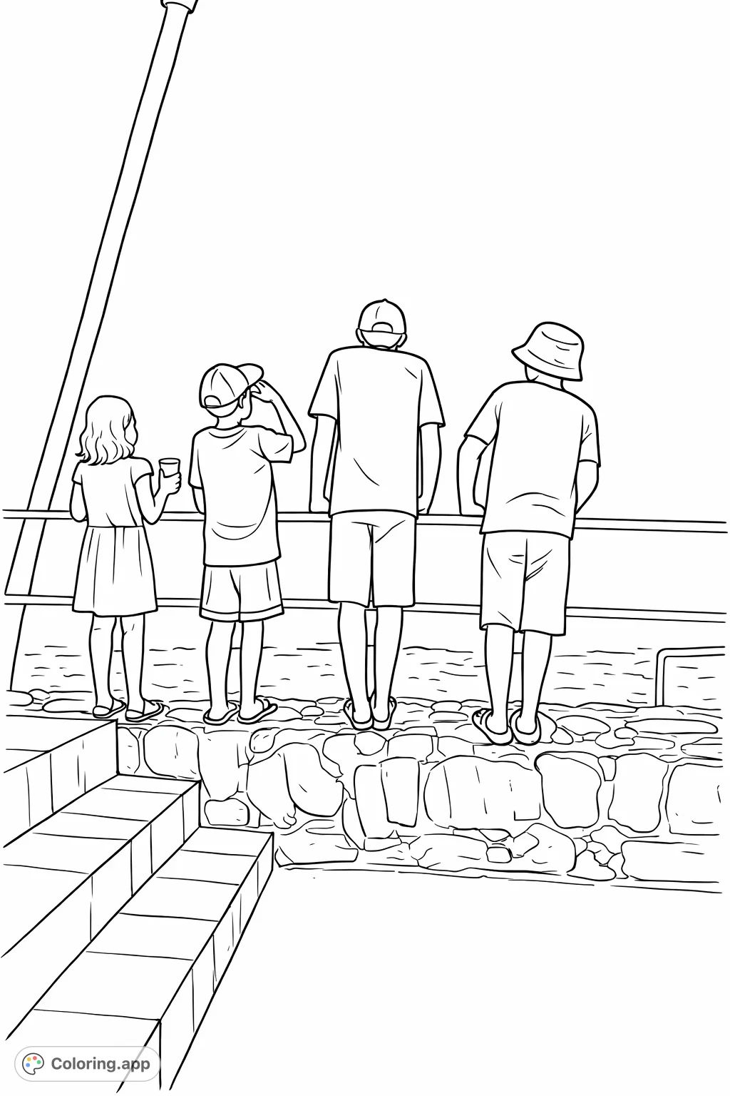 Gaze upon a serene night ocean view with four figures standing by a wall. A simple design for relaxation and creativity, perfect for all ages.