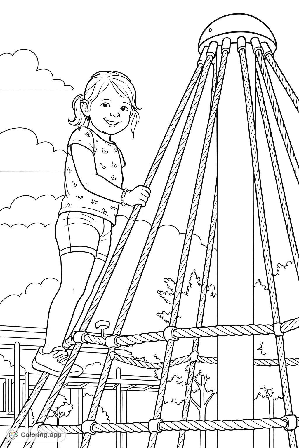 A cheerful girl conquers the rope playground, ready for adventure! This fun coloring page captures childhood joy and active play.