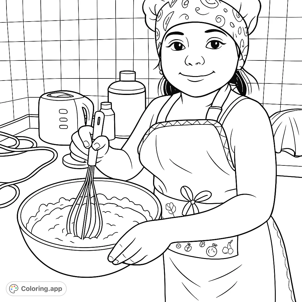 A cheerful little chef mixes ingredients in a bowl, ready for baking adventures. This delightful kitchen scene is a free printable baking coloring page.