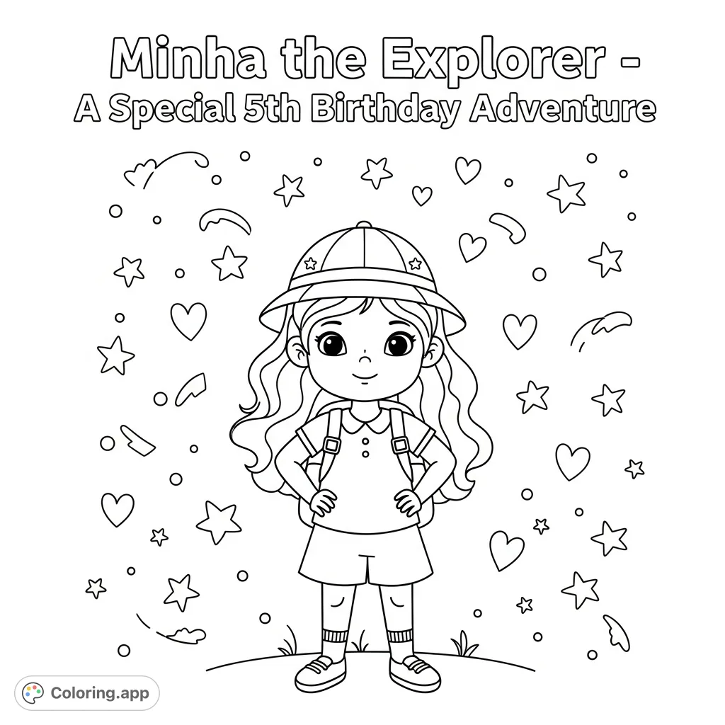Join Minha the Explorer on her special 5th birthday adventure! A free printable Minha the Explorer coloring page with stars, hearts, and celebratory details.