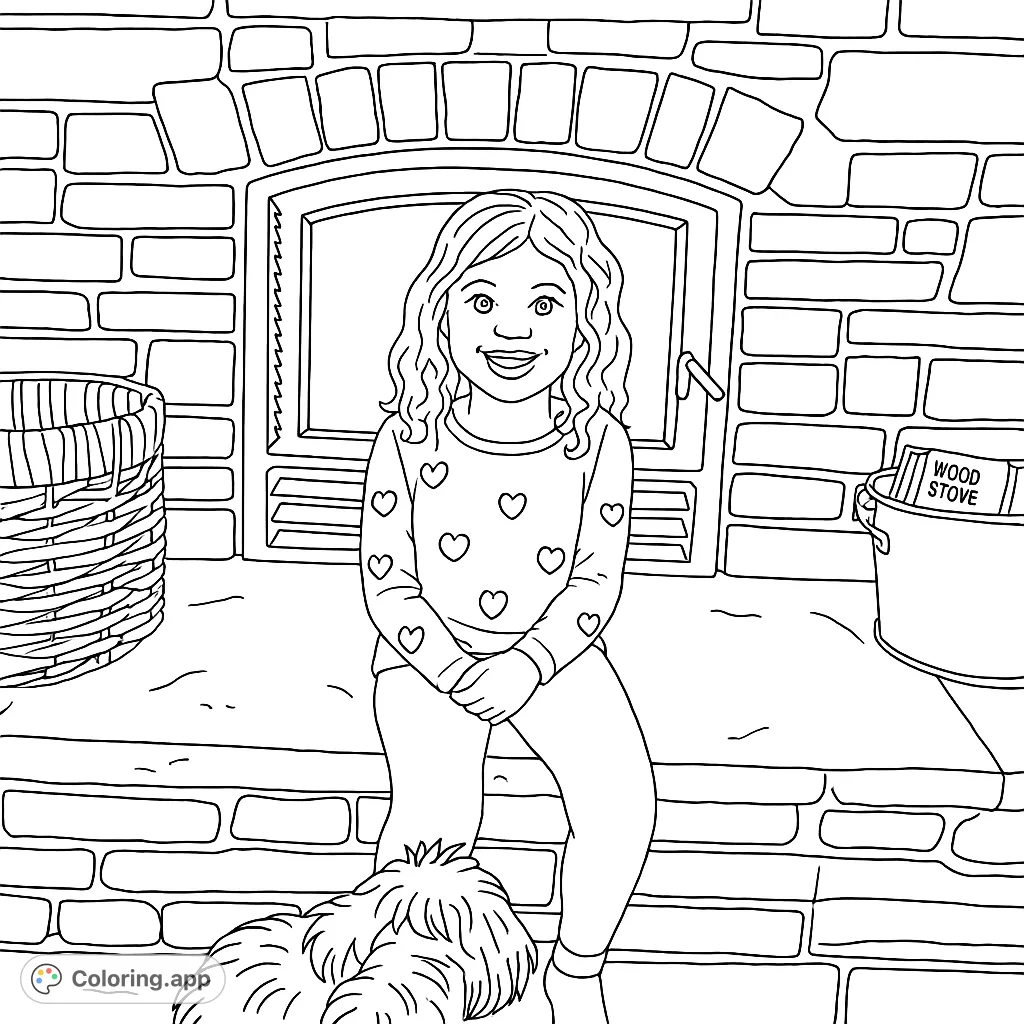 A cheerful child sits on a stone hearth in front of a grand fireplace, flanked by a woven basket and a metal bucket, with a fluffy dog nearby.