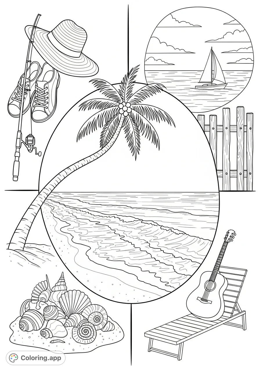 Escape to a tranquil island paradise with this Kenny Chesney-inspired "The Life" coloring page, featuring serene beaches, sailboats, and relaxing vignettes.