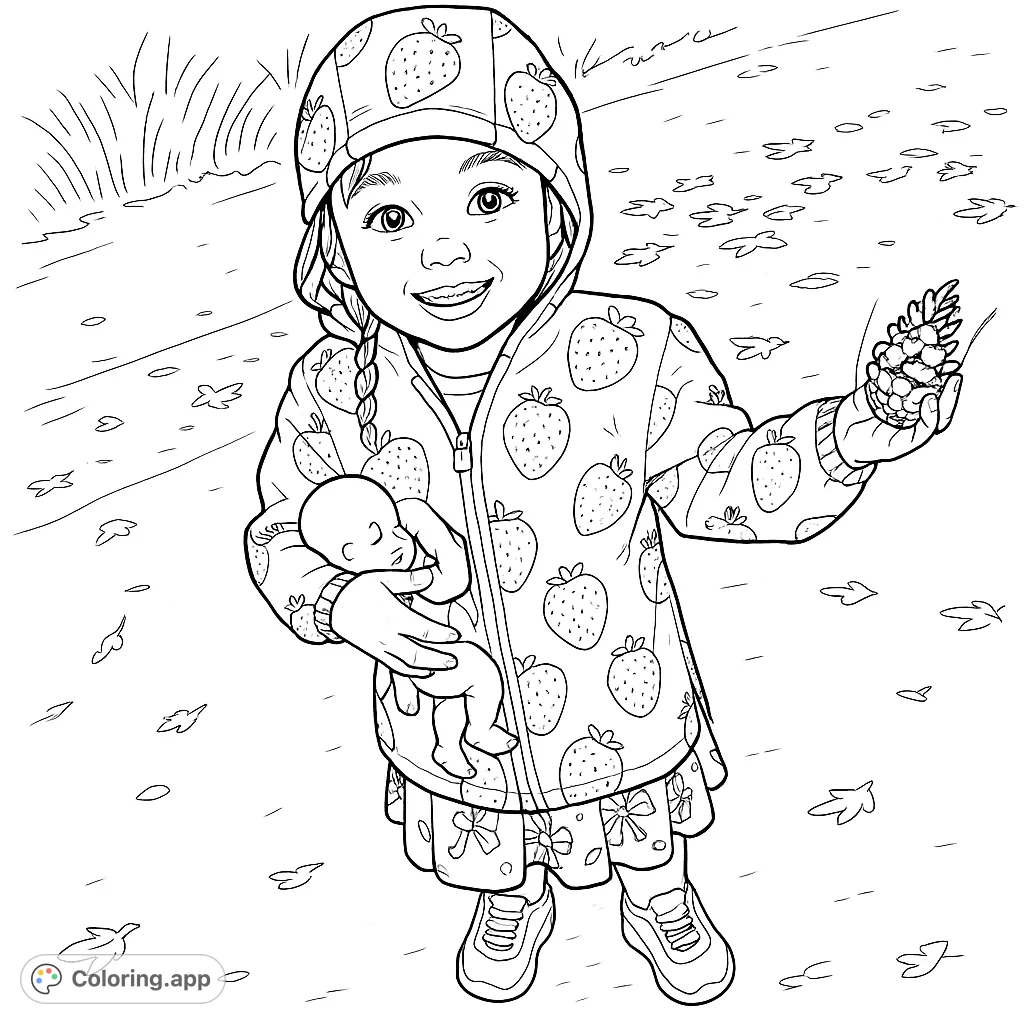 A delightful coloring page featuring a happy child in a strawberry-patterned jacket, holding a doll and a pinecone, perfect for imaginative play scenes.