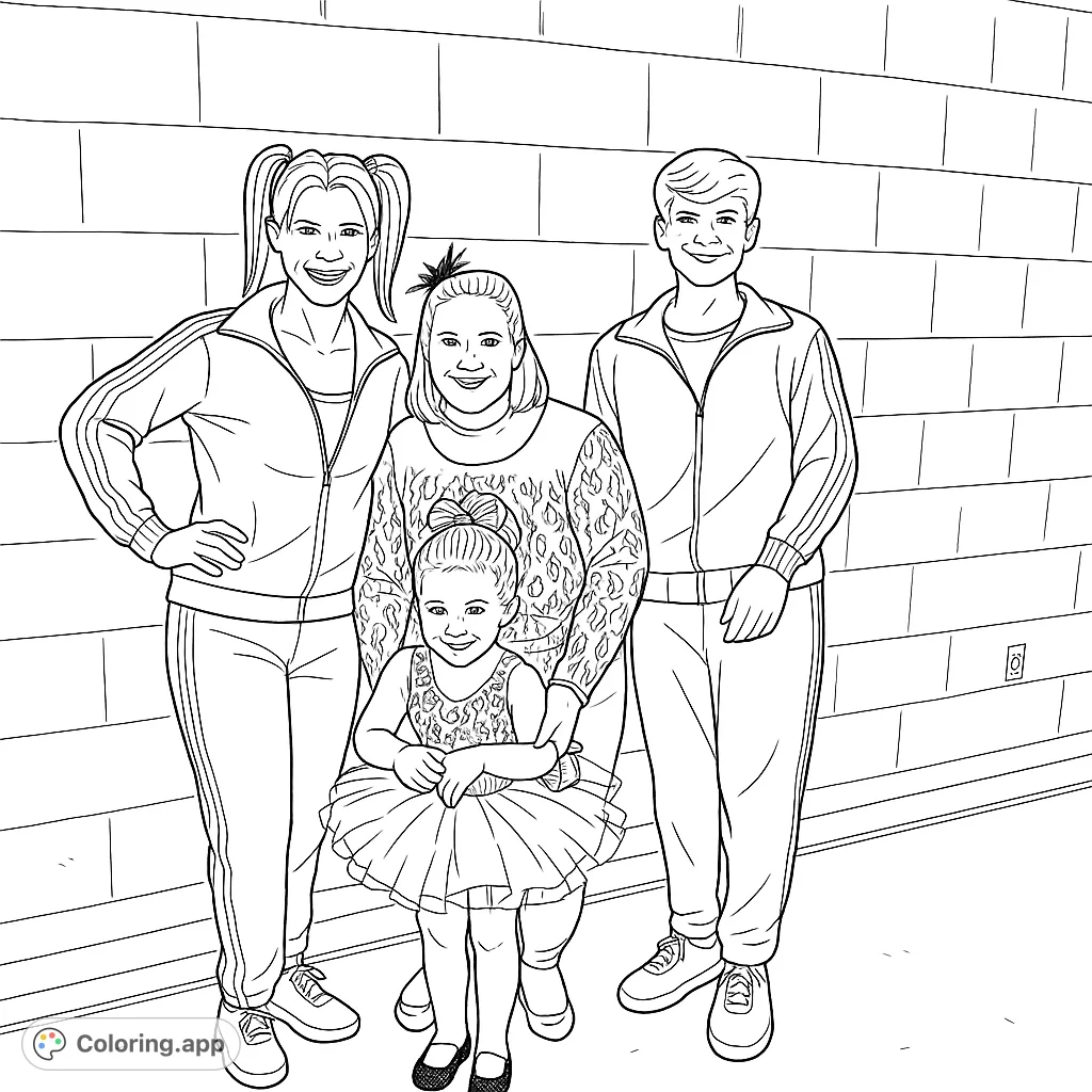 A cheerful group portrait featuring two women, a boy, and a small child in patterned costumes and tracksuits against a simple wall, ready for artistic expression.