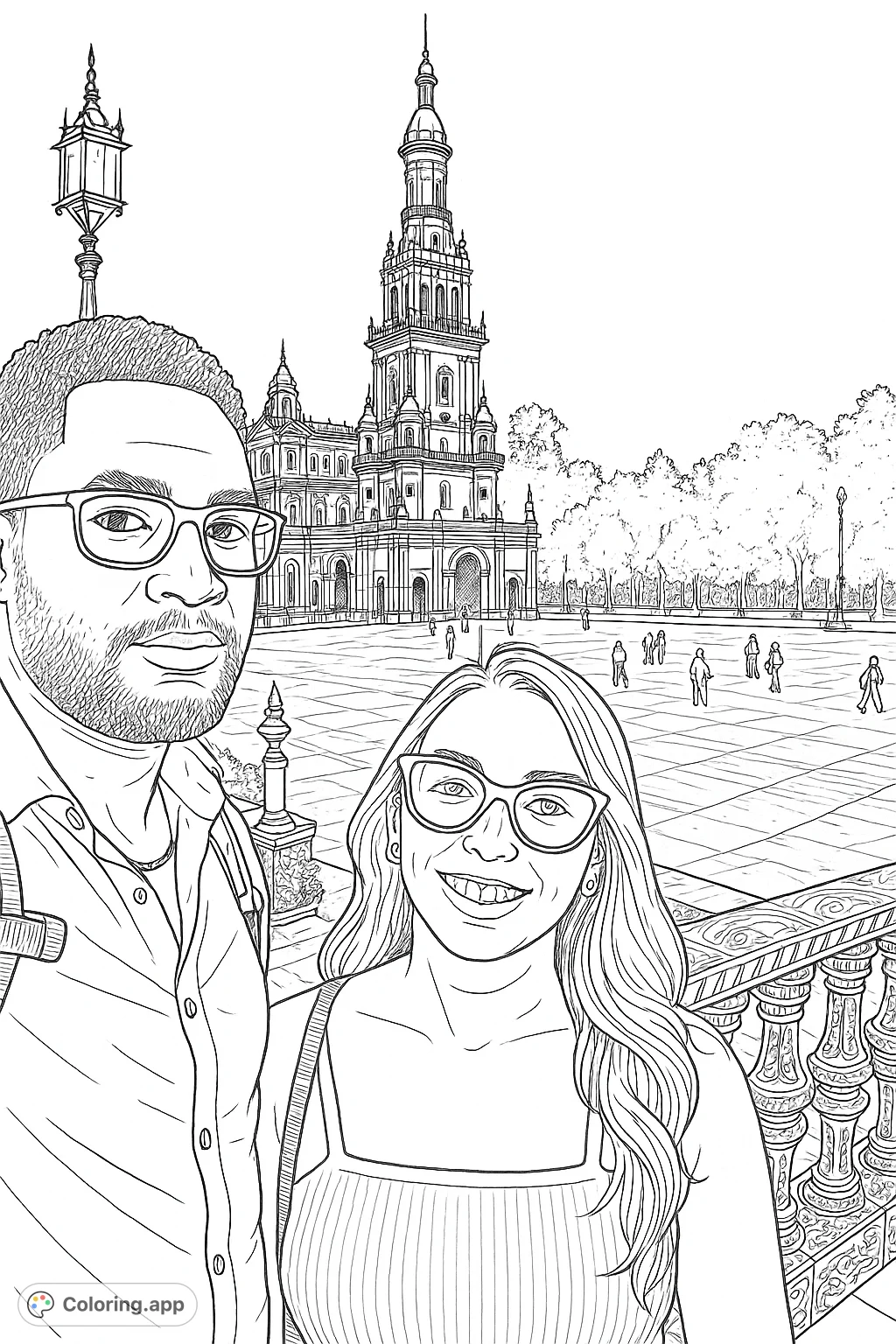 Color an impressive architectural landmark featuring a magnificent tower, ornate balustrade, and a bustling plaza scene. Perfect for detailed artistic expression.