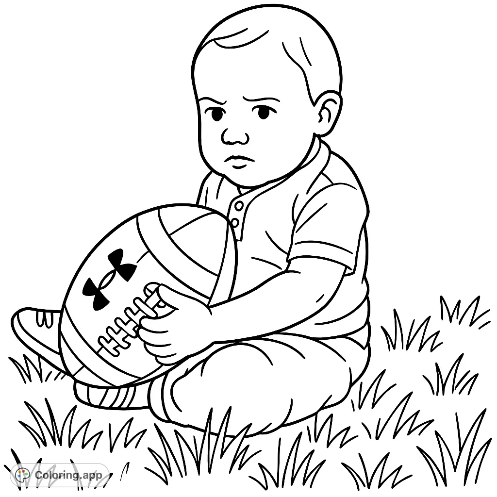 An adorable baby on a grassy field, clutching a football. A cute and simple scene perfect for young sports enthusiasts to color.