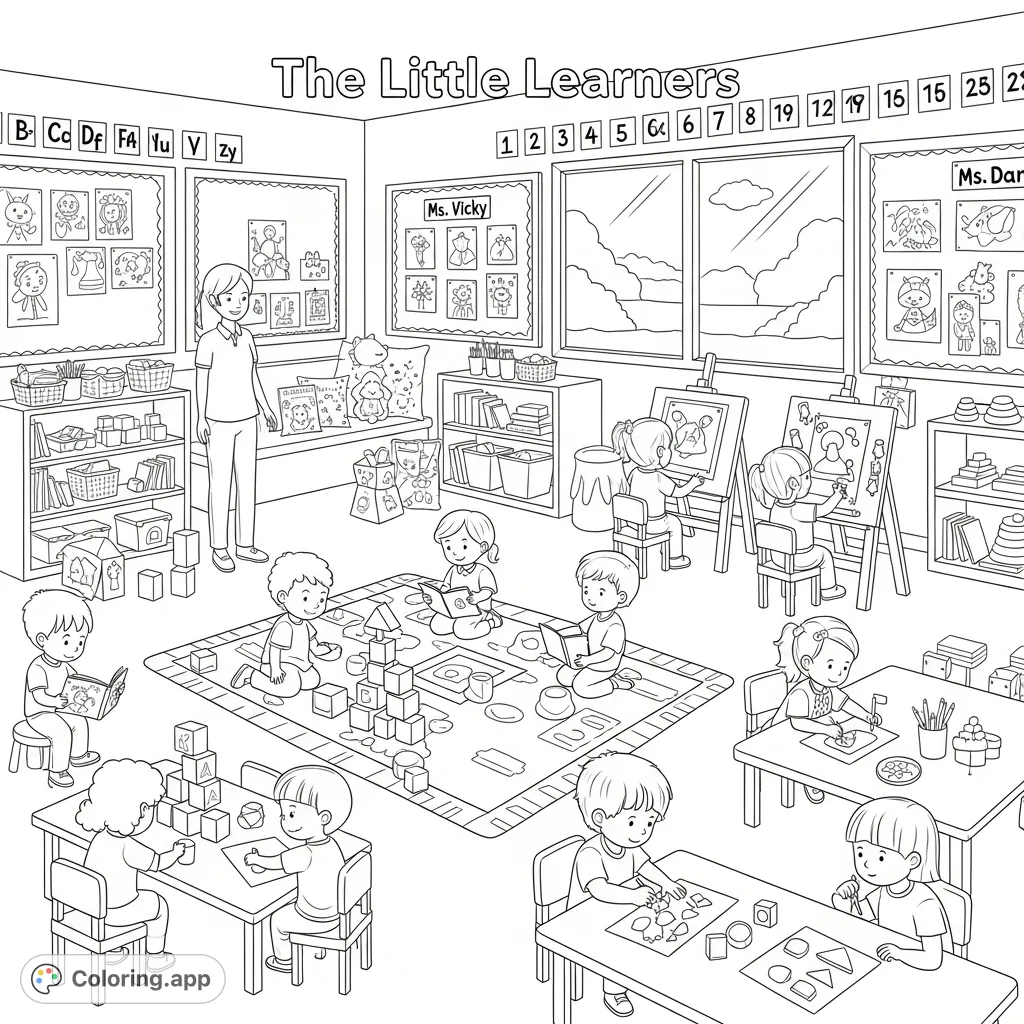 A bustling classroom scene with Ms. Vicky, Ms. Danielle, and 'The Little Learners' happily engaged in various educational activities. Perfect for young artists!