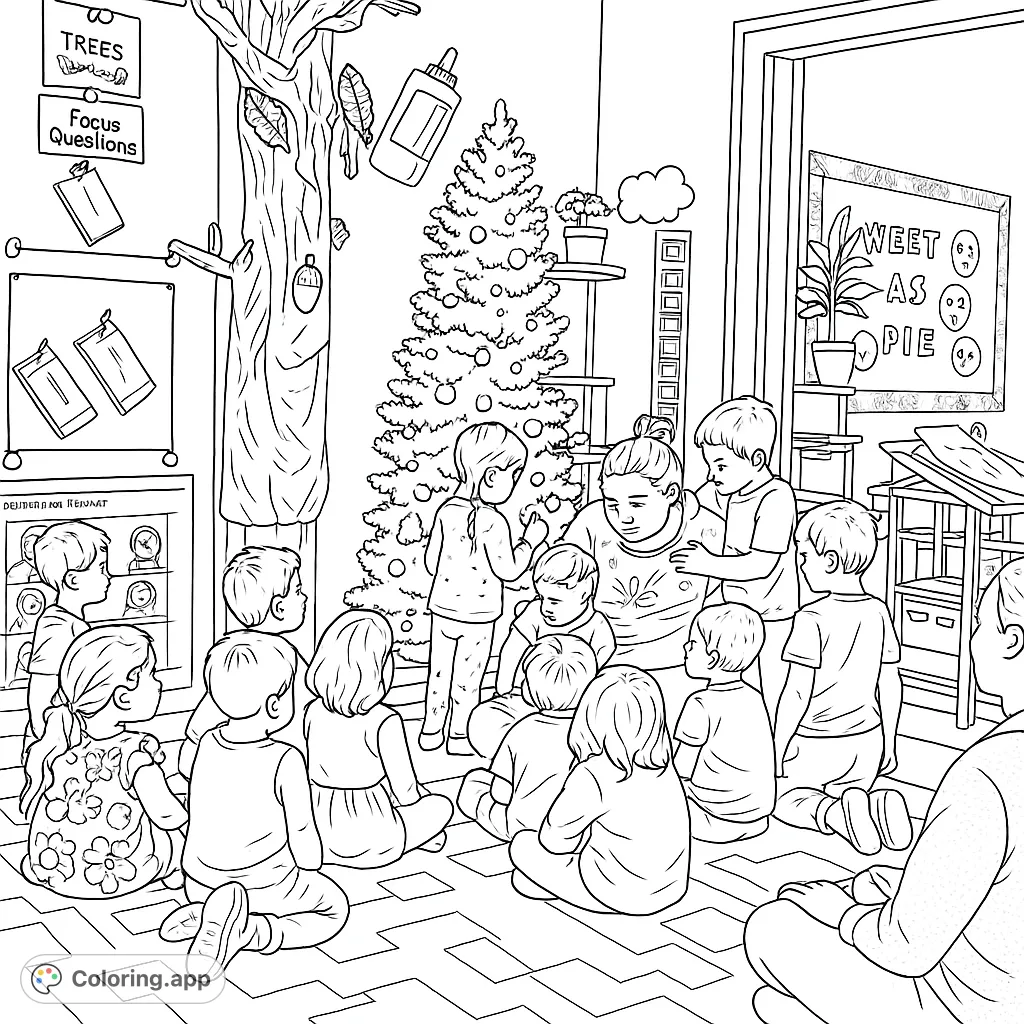 Join a group of happy children and an adult for an engaging story time in a festive classroom setting. This free printable coloring page captures a joyful learning moment.