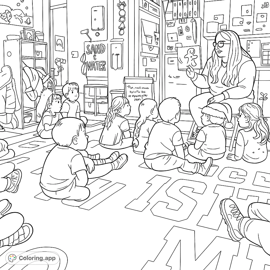 Join a teacher and a group of children for an engaging story time in a lively classroom. Features a gingerbread man story, festive hats, and classroom decor.