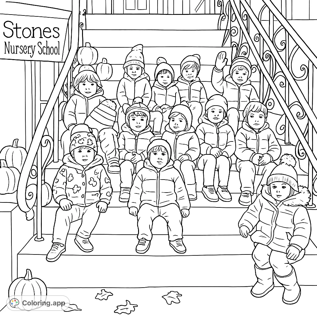 Capture a lively scene of young students posing on school steps, surrounded by festive autumn decor. A detailed and charming fall-themed group portrait.