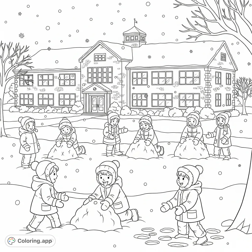 Children bundled in snow coats and mittens enjoy a snowy day at Stepping Stones School, engaging in winter play amidst falling flakes. A delightful winter scene.