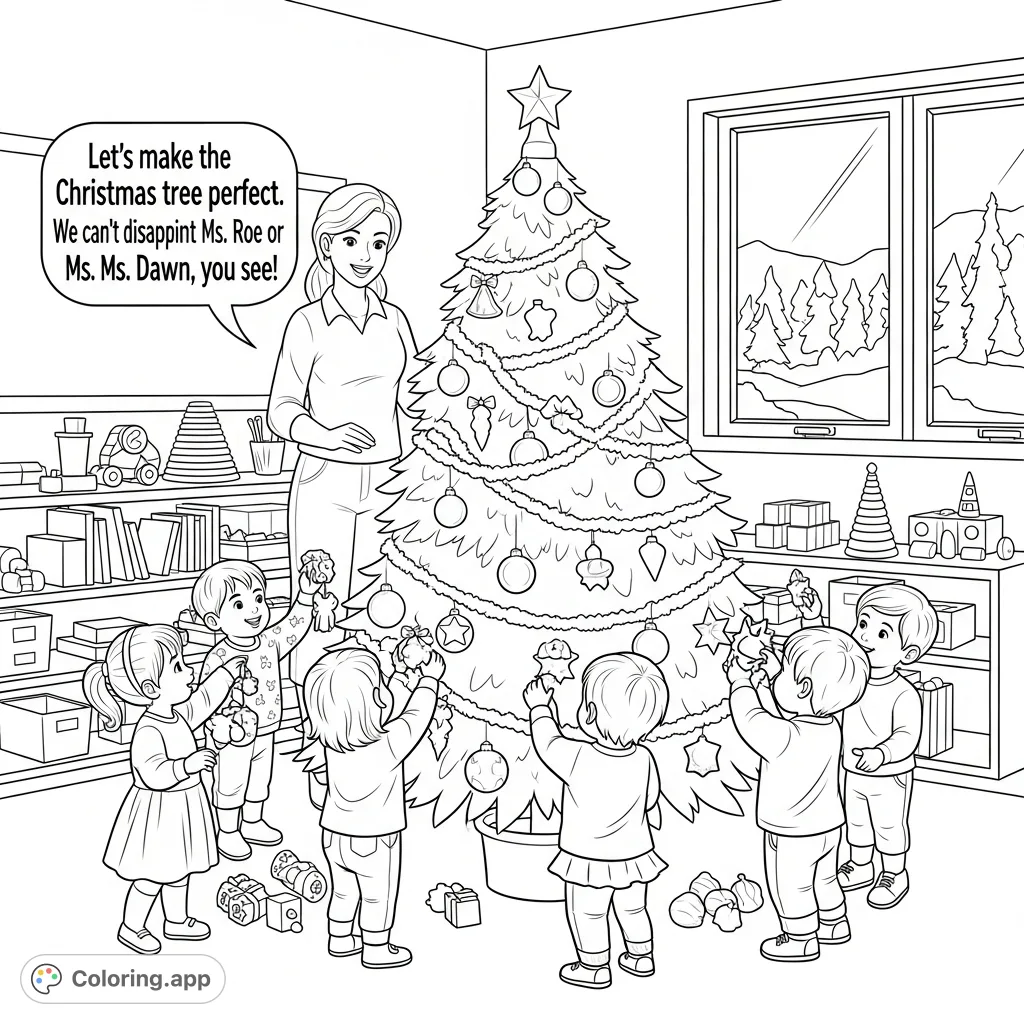A heartwarming Christmas tree decorating scene in a toddler classroom, featuring a teacher guiding enthusiastic little ones, perfect for holiday creativity.