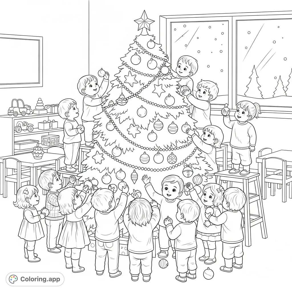 A heartwarming free printable Christmas tree decorating coloring page featuring fifteen joyful toddlers adorning a festive tree in their classroom.