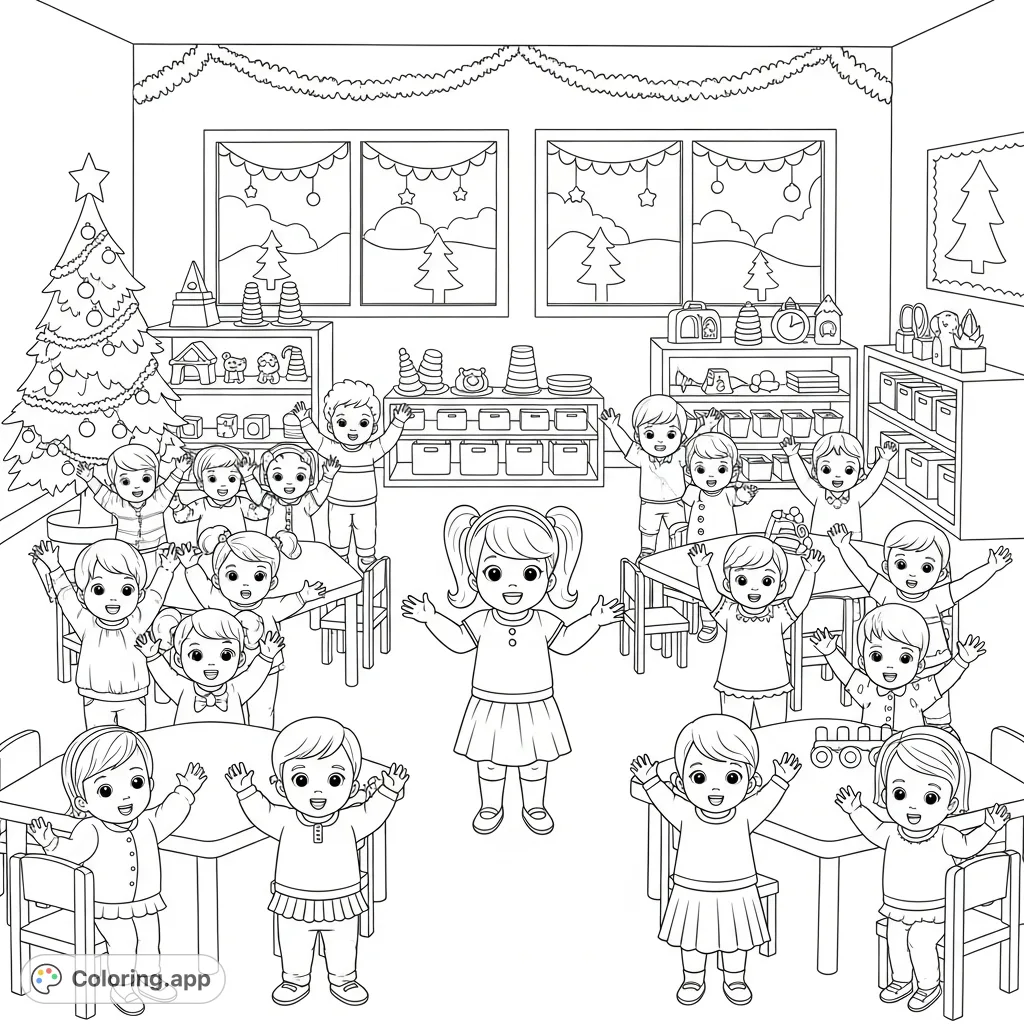 A joyful scene of toddlers celebrating in a festively decorated classroom. One girl leads a cheer among fourteen excited friends, perfect for holiday fun.