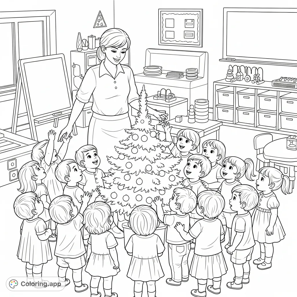 A heartwarming toddler classroom scene featuring a teacher and 15 excited children gathered around a small, undecorated Christmas tree, ready for festive fun.