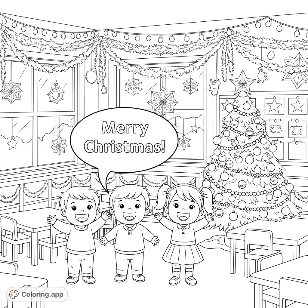 Join Rowan, Travis, and Vera in their festive classroom, screaming "Merry Christmas!" amidst garlands, a decorated tree, and joyful holiday decor. A delightful Christmas coloring page!