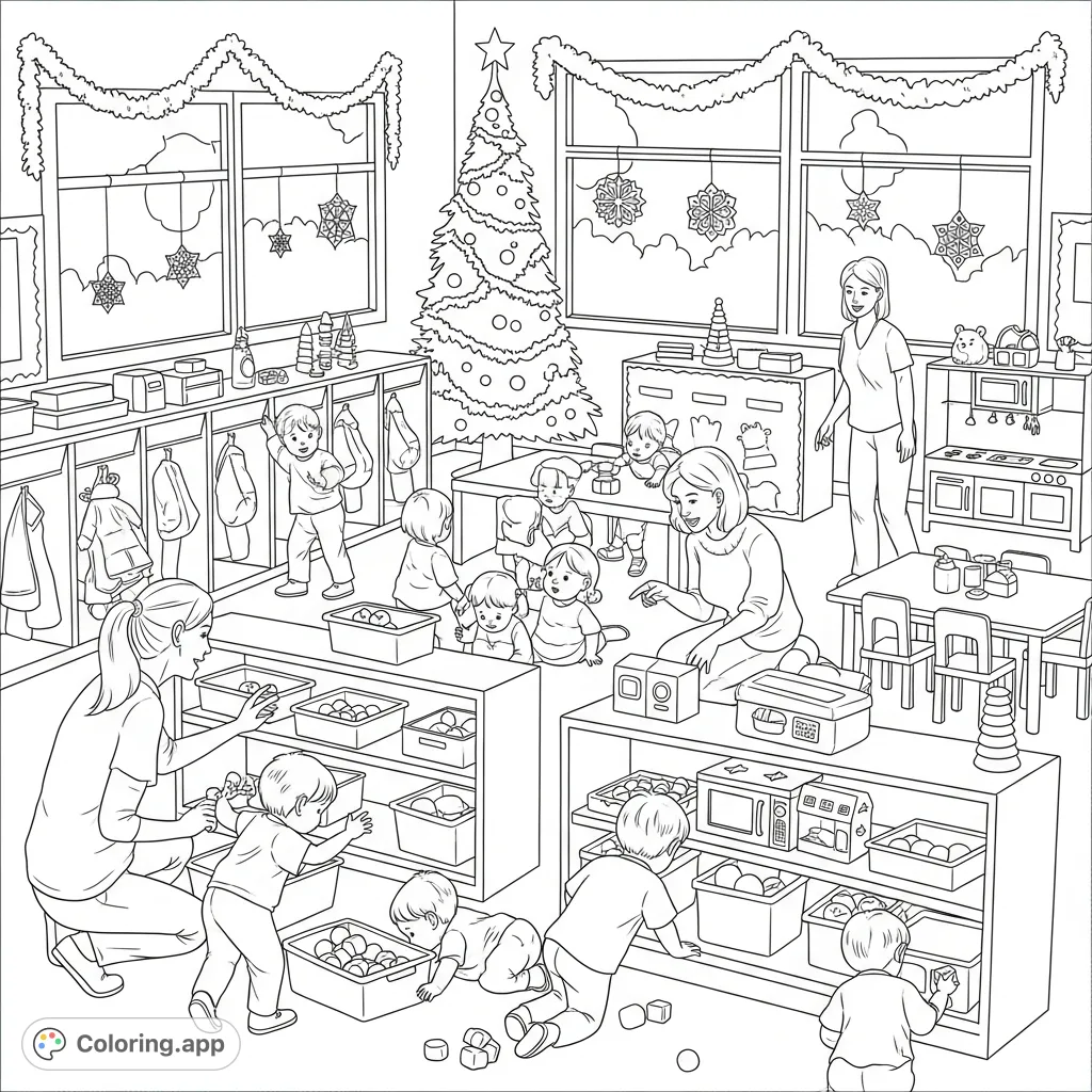 A charming free printable classroom coloring page featuring 15 curious toddlers and 2 teachers on a festive Christmas search among cubbies and toys. Perfect for kids!