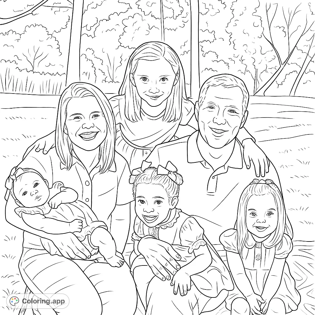 A heartwarming family portrait captures two adults and four children smiling together outdoors. Perfect for personalizing cherished family moments.