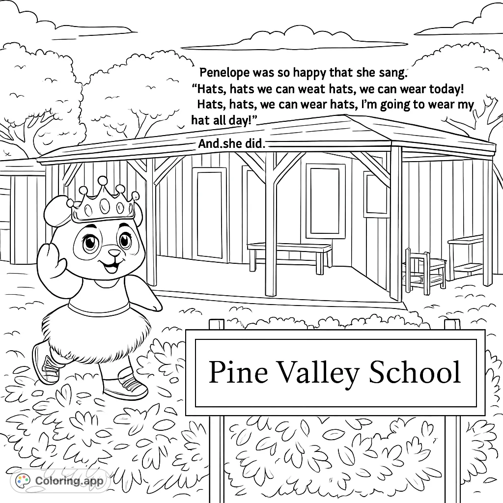 A joyful panda wearing a crown and skirt skips happily outside Pine Valley School, surrounded by autumn leaves. A whimsical scene for creative expression.