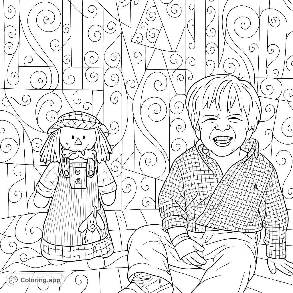 A cheerful child sits beside a friendly scarecrow doll, ready for a playful coloring adventure. Features patterned clothing and a decorative backdrop.