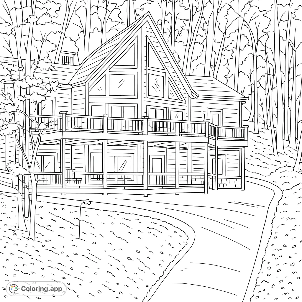 Discover this modern A-frame house nestled in a serene forest. A detailed architecture coloring page with expansive decks and natural surroundings.