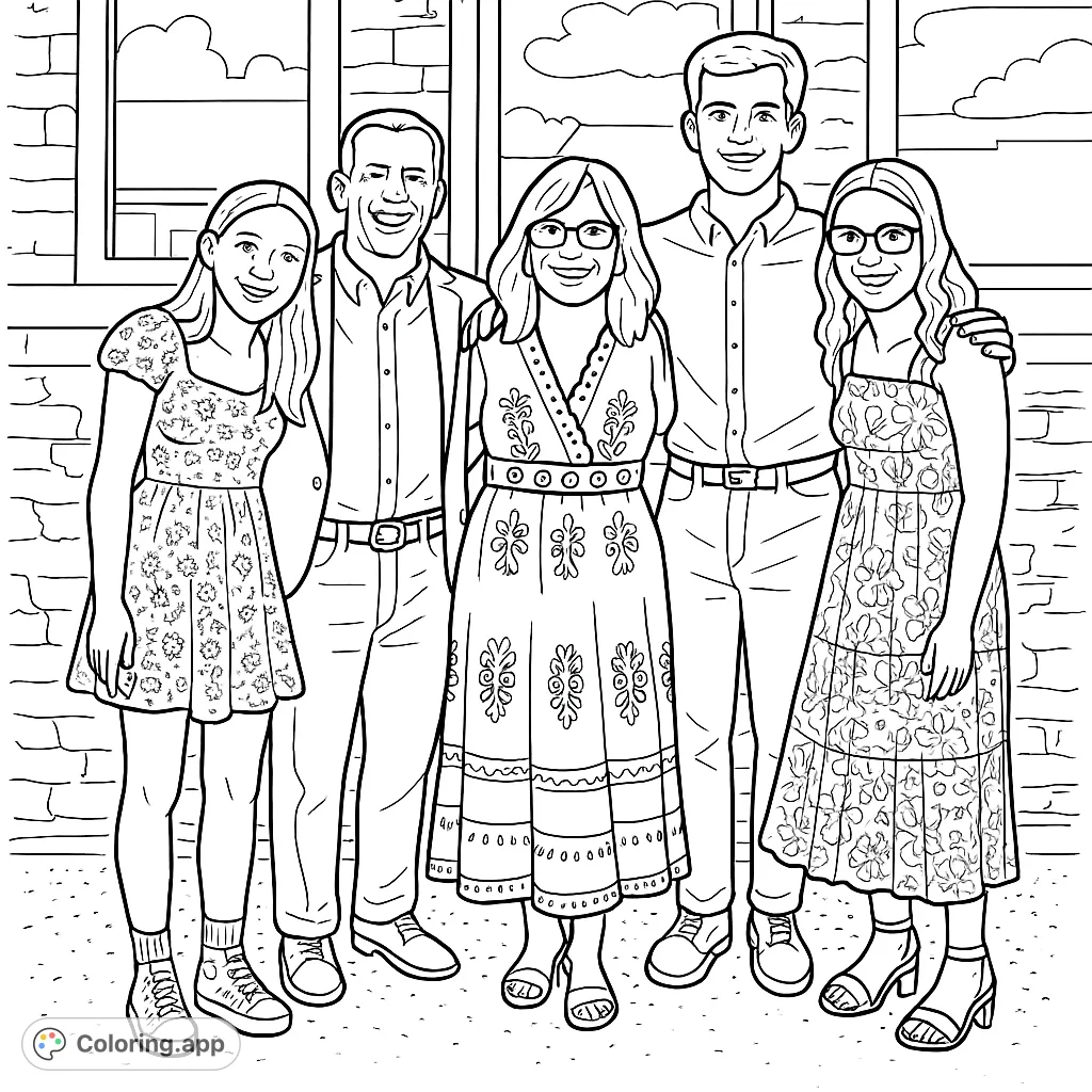 A joyous family of five radiating warmth and happiness in a charming outdoor setting. Perfect for celebrating togetherness with a cartoony style and bold outlines.