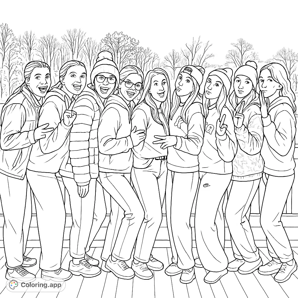 Capture youthful energy with nine playful friends striking various poses on a wooden pier, dressed in cozy winter attire against a scenic backdrop.