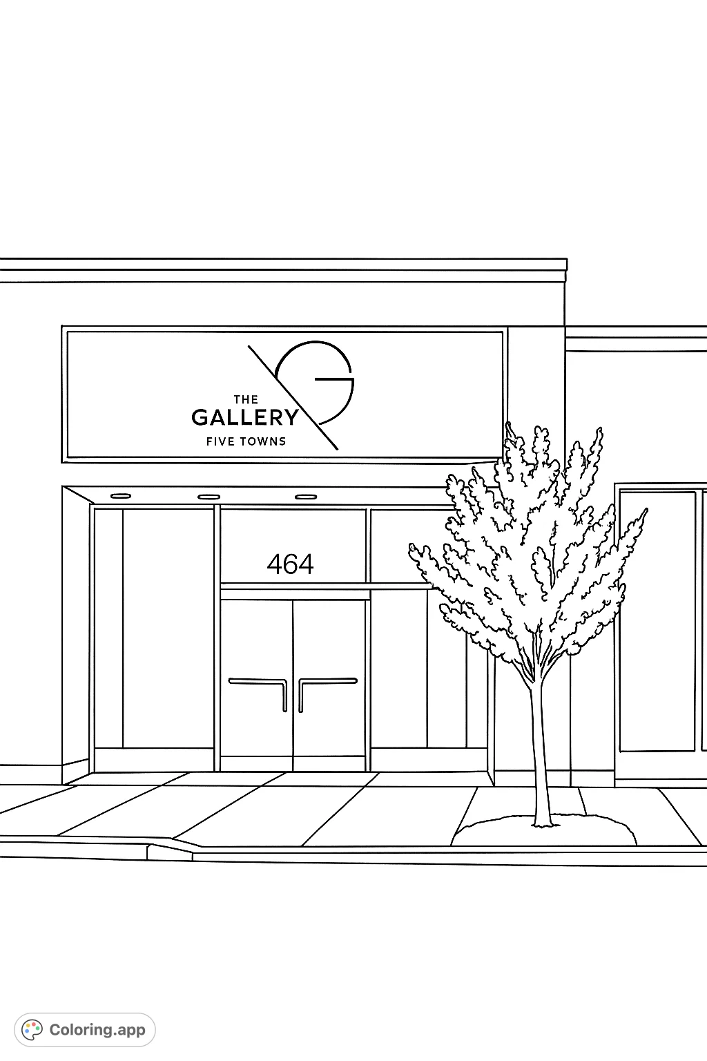 Explore this urban gallery storefront, featuring a minimalist facade, glass entrance, and a charming tree adorned with blossoms. Perfect for a relaxing coloring experience.