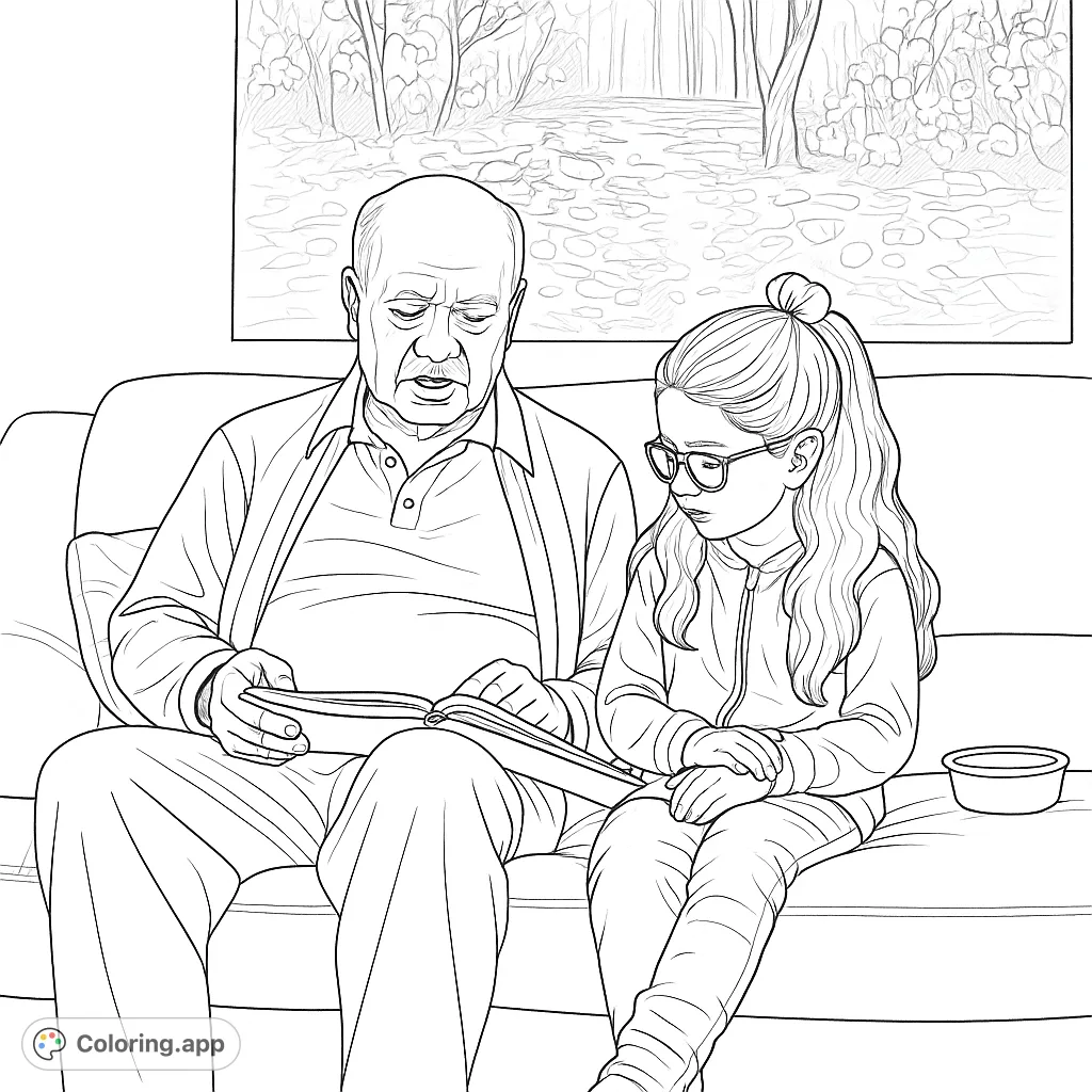 A heartwarming family coloring page featuring a grandfather and granddaughter engrossed in a book, perfect for all ages to enjoy and personalize.