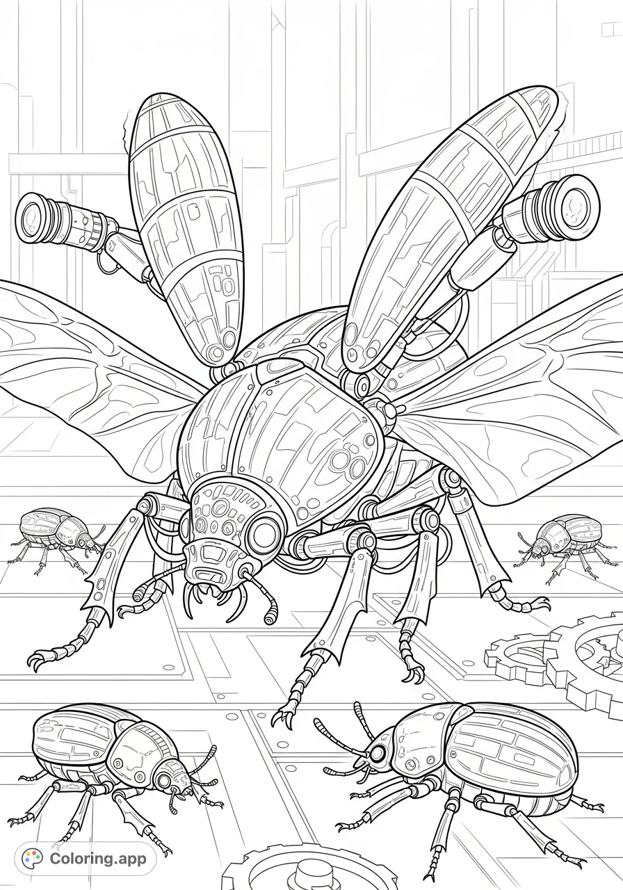 Discover a fascinating world of biomechanical bugs with intricate details, metallic carapaces, and exposed mechanisms. A captivating coloring challenge.