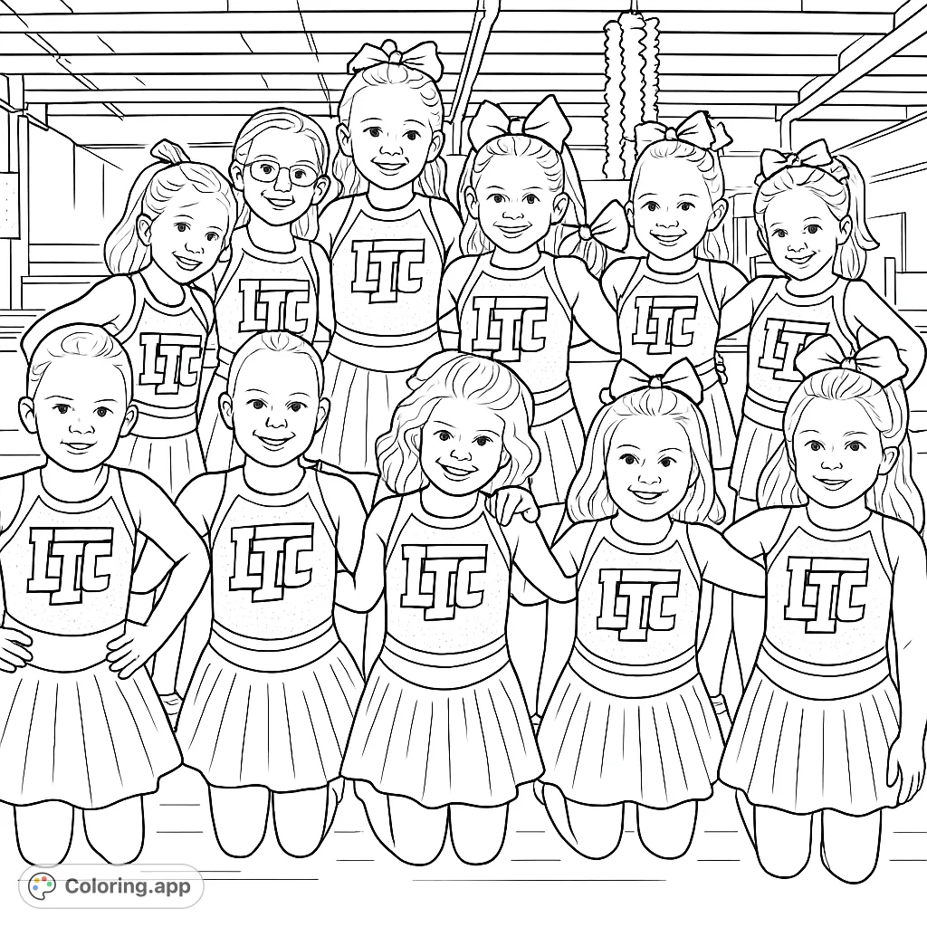 A delightful scene of cheerful young cheerleaders in their team uniforms, posing together. This lively coloring page is perfect for celebrating friendship and sport.