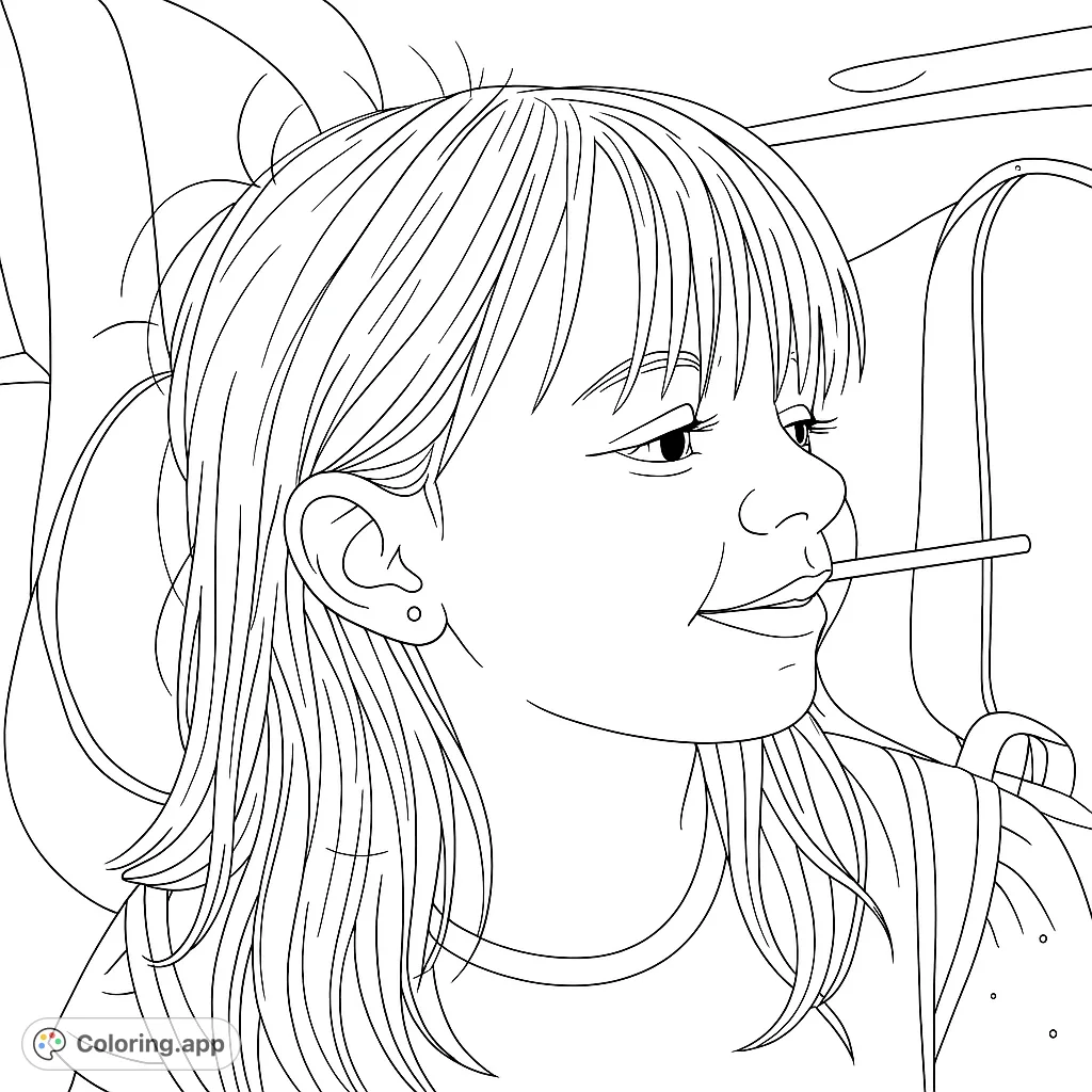 A charming coloring page featuring a child with a lollipop, seated in a car, offering a delightful scene for creative expression.