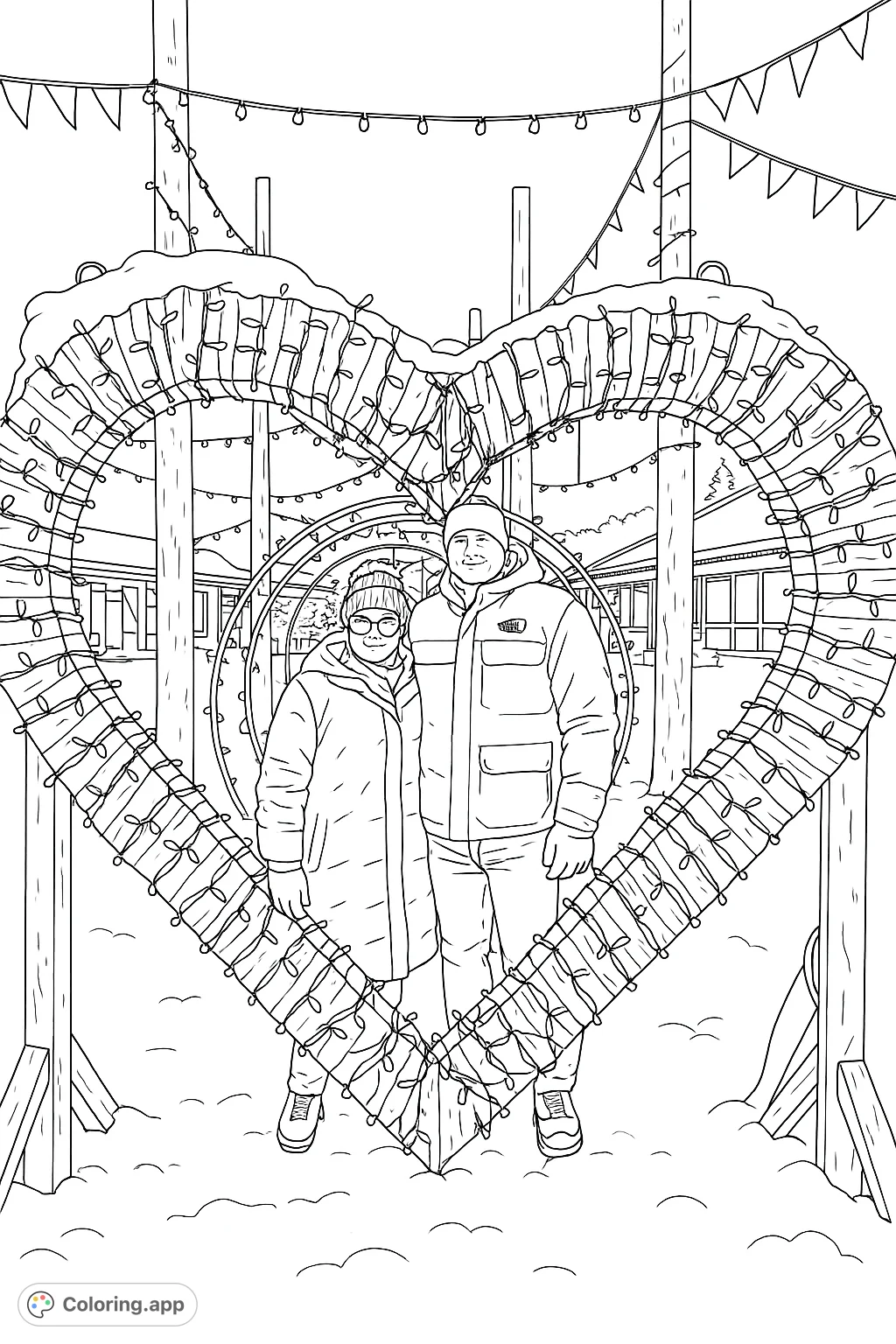 A charming winter scene featuring a couple within a festive heart arch, adorned with lights and snow, set against a backdrop of a snowy landscape.