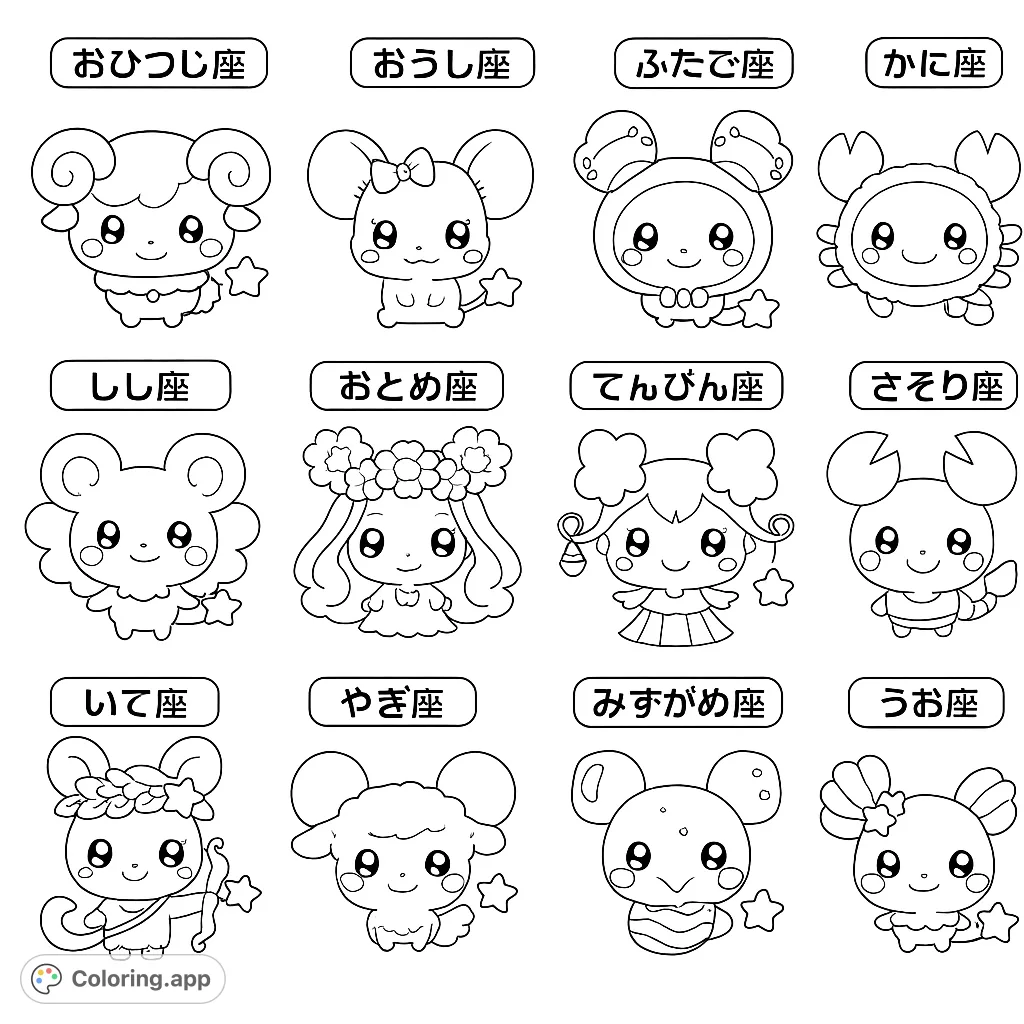 A charming collection of twelve adorable, star-themed characters, each representing a unique zodiac sign, perfect for a whimsical coloring adventure.