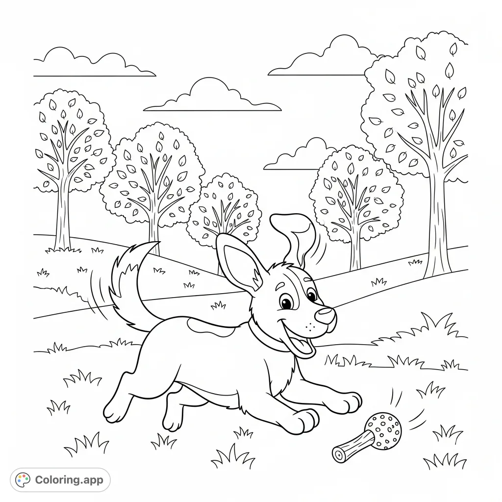 A cheerful dog joyfully playing in a park, with wagging tail and happy expression. Perfect for dog lovers and a fun, free printable coloring page.