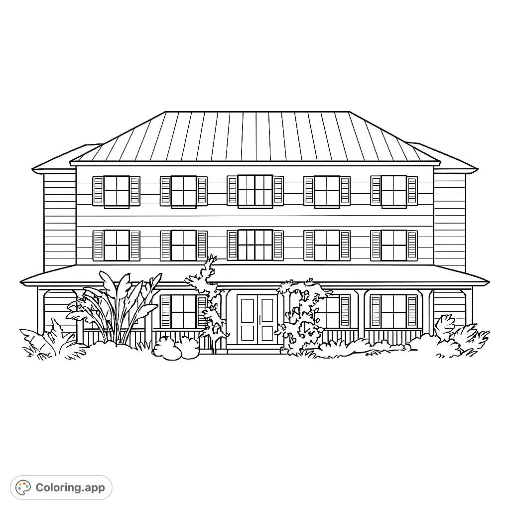 Explore a charming two-story villa, adorned with lush tropical foliage and flowering vines. Perfect for architectural enthusiasts and garden lovers.