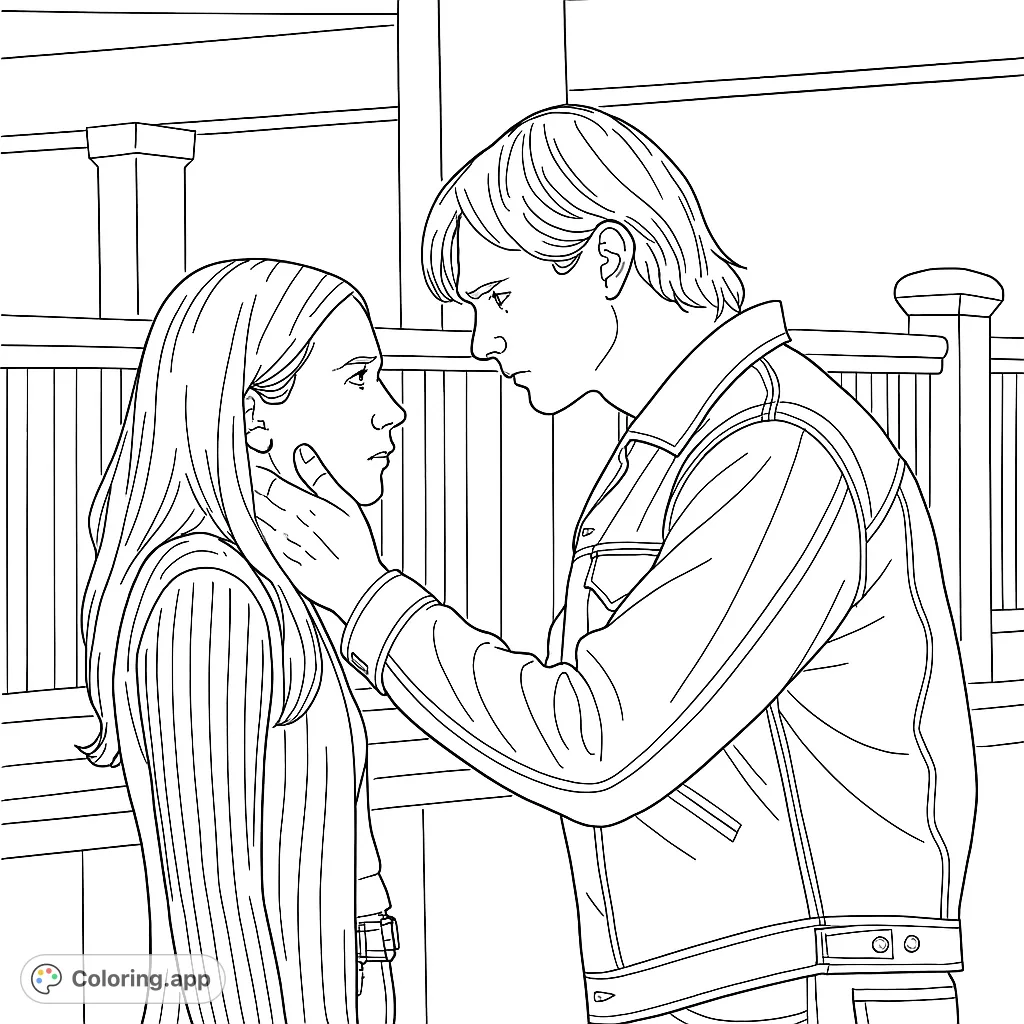 Capture a heartfelt moment with this romantic coloring page, featuring a young couple in a tender embrace. Perfect for expressing warmth and connection.