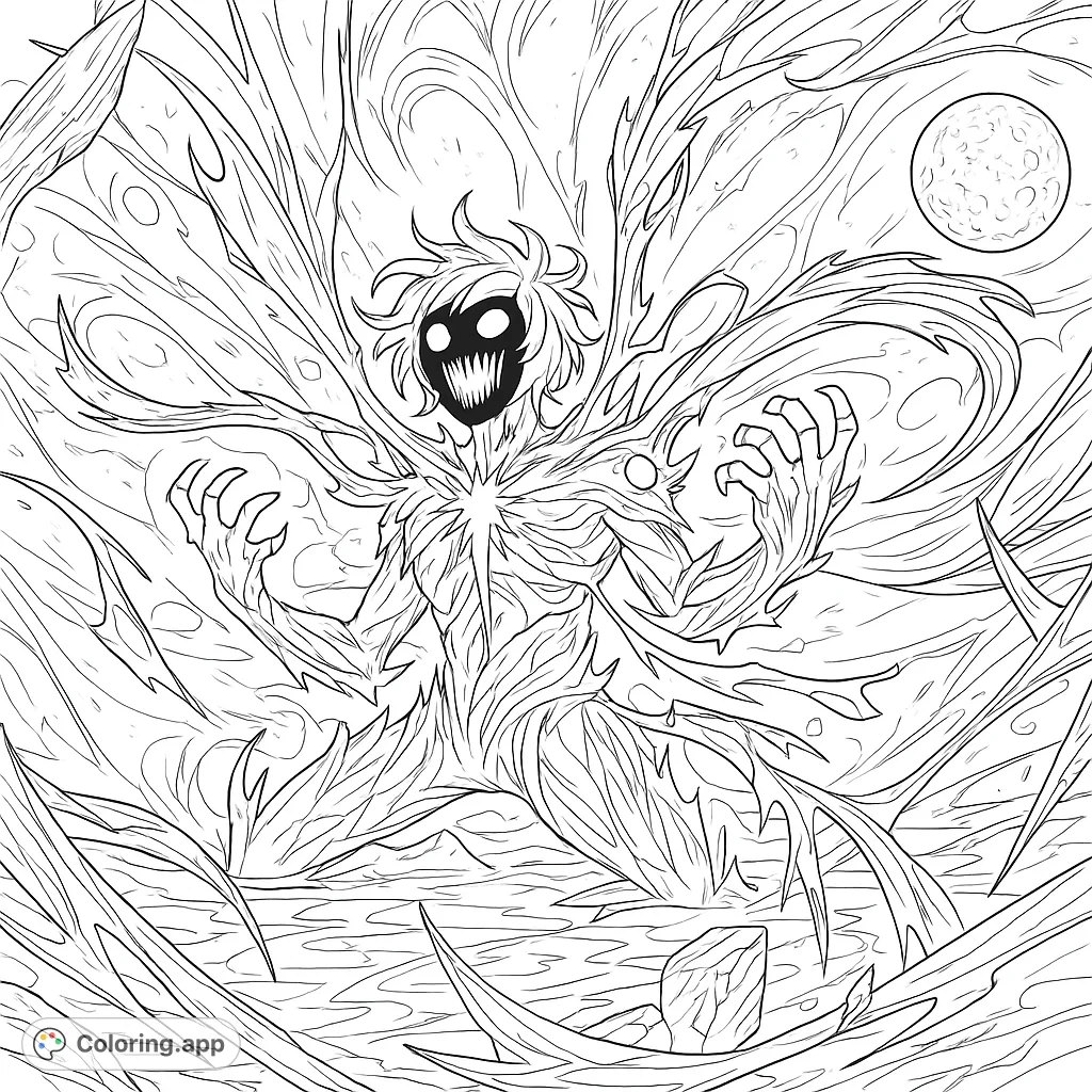 Unleash your creativity with this cosmic entity coloring page, featuring a powerful shadowy figure amidst swirling nebulae and celestial bodies.