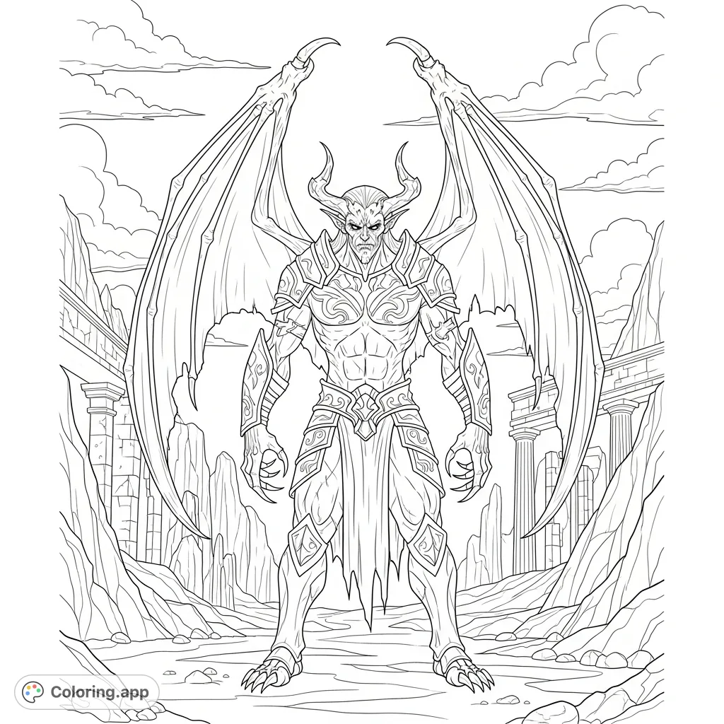 An imposing, grim Demon with expansive wings and intricate armor stands amidst ancient ruins. Unleash your creativity on this detailed fantasy scene.