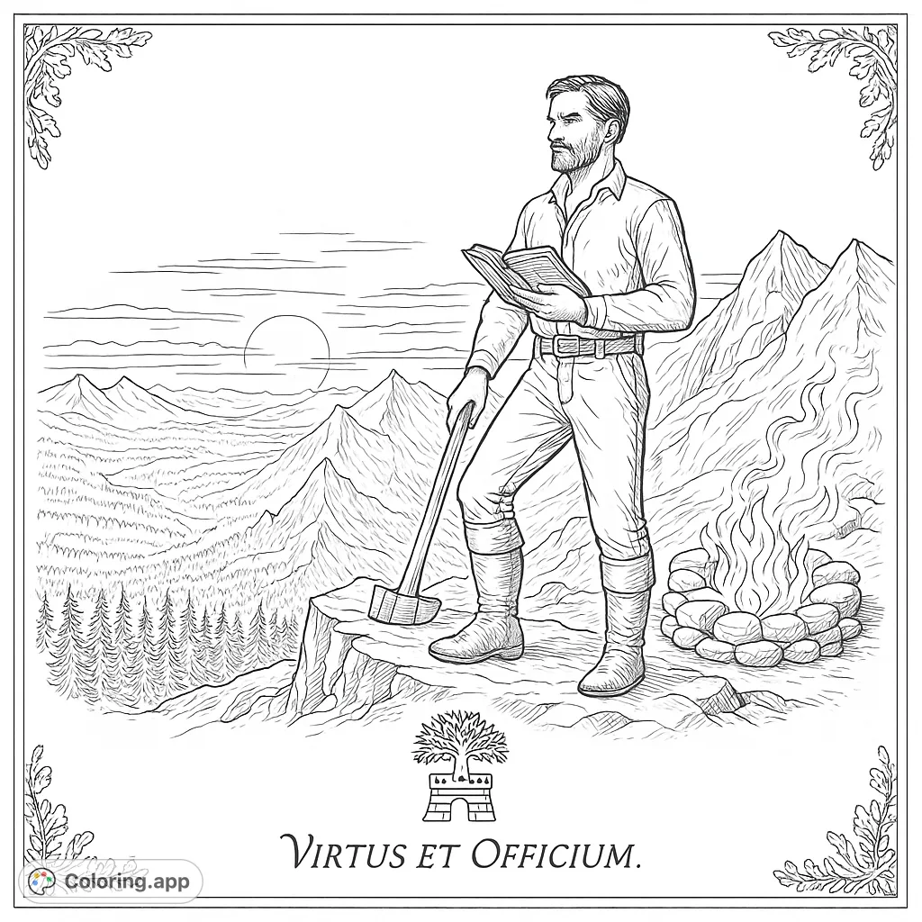 A rugged man with an axe and book stands on a cliff overlooking a grand mountain panorama and a campfire, embodying a spirit of adventure and contemplation.