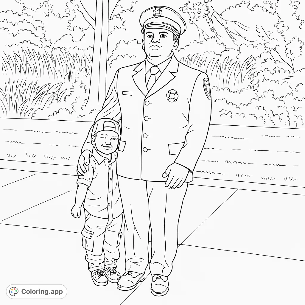 A heartwarming scene depicting a uniformed hero standing proudly with a smiling child, set against a serene outdoor backdrop. Perfect for celebrating everyday heroes!