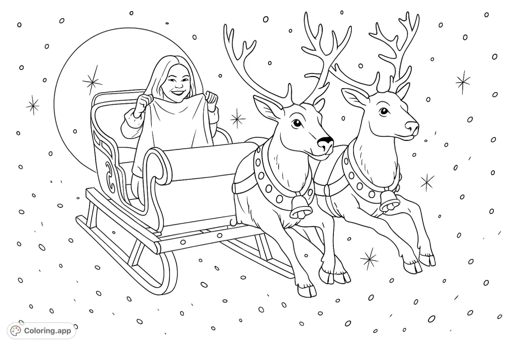 A young girl enjoys a magical sleigh ride pulled by two majestic reindeer through a whimsical, snowy sky. Perfect for holiday cheer!