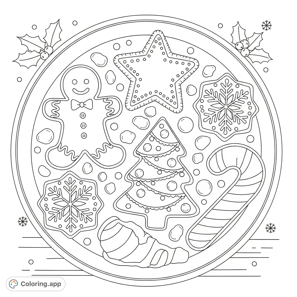 Discover a delightful array of decorated holiday cookies on a festive platter, featuring gingerbread, stars, trees, and more. Perfect for a cozy coloring session.