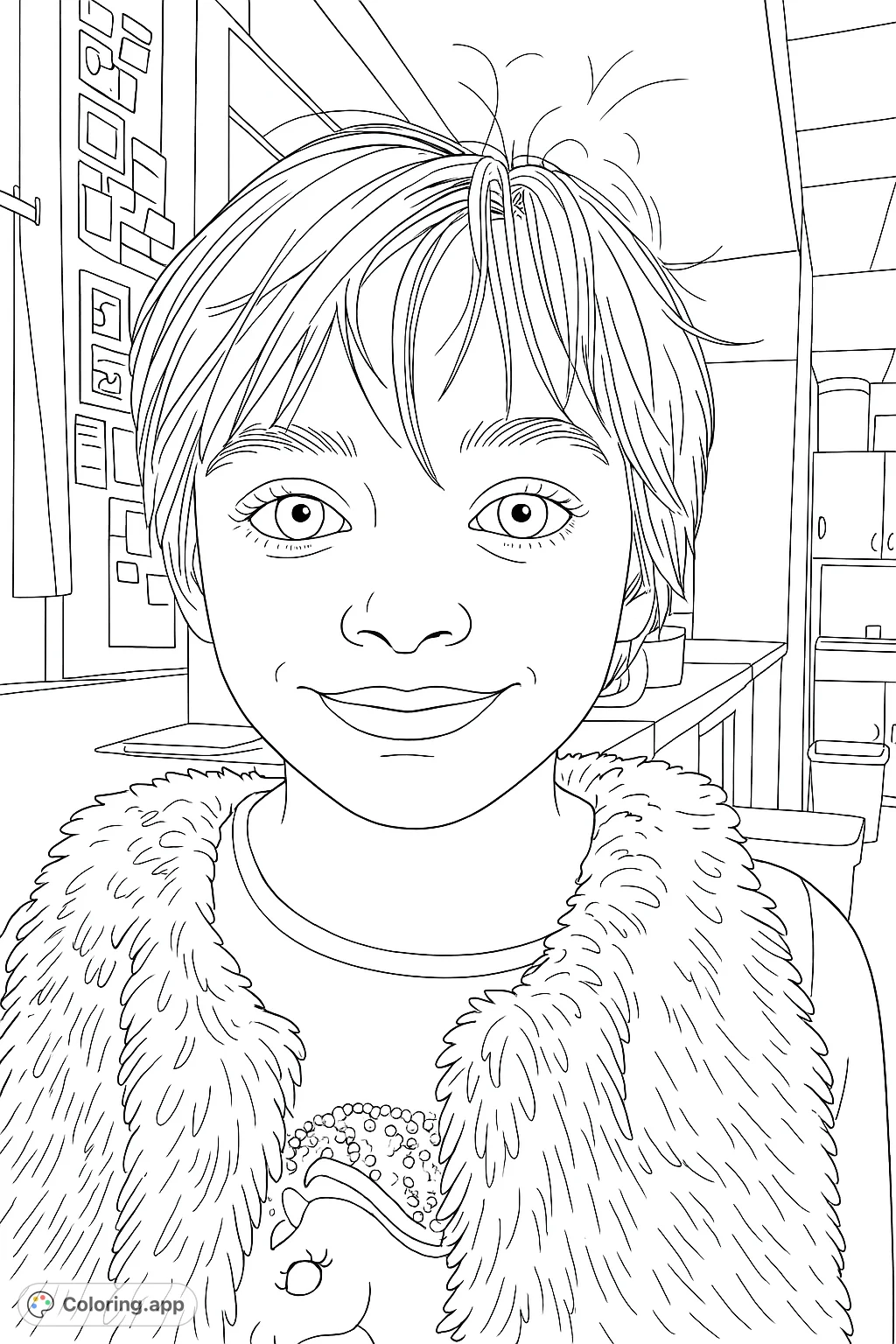 A heartwarming child portrait coloring page featuring a smiling face and textured clothing, perfect for personalized art projects.