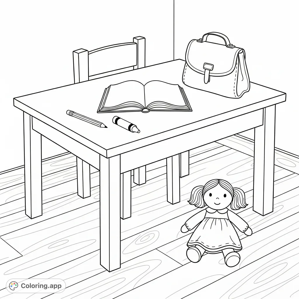 A charming children's room scene for coloring, featuring a table, chair, book, bag, pencil, crayon, and a delightful doll. Perfect for young artists!