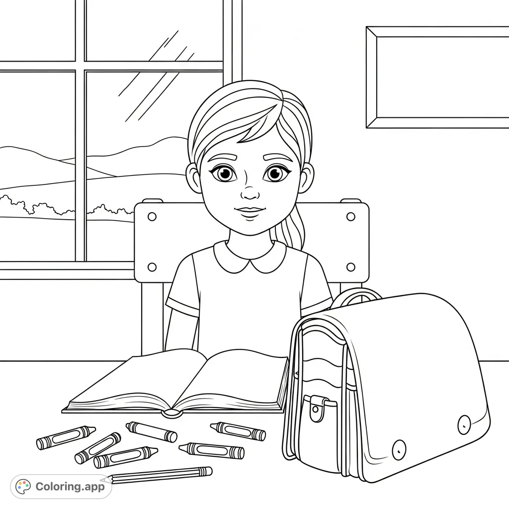 A pretty, educational coloring page featuring a girl seated at a table with a book, crayons, pencil, and school bag. Perfect for young learners.