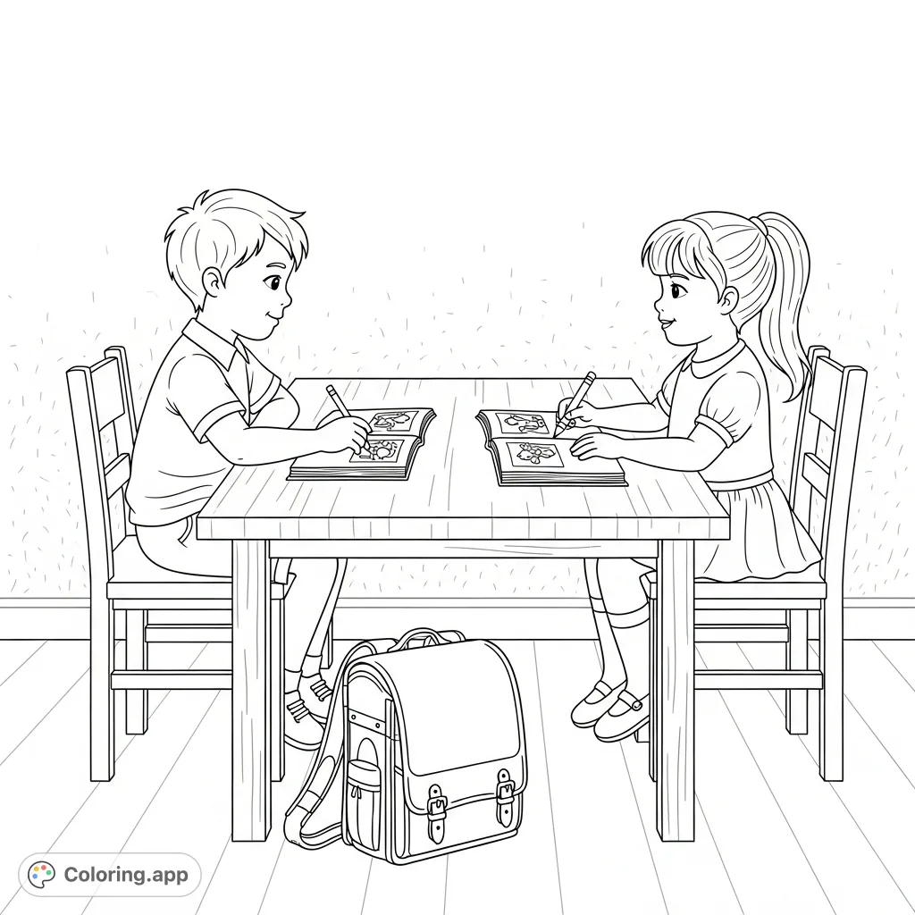 A charming coloring page depicting a boy and girl engaged at a table with a book, pencil, and crayon, perfect for creative young minds.